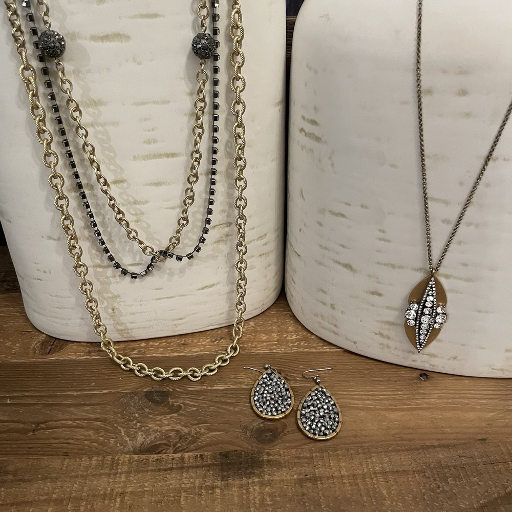 3 Pc Vintage J. CREW CHICO'S Brass Gold Black Rhinestone Necklace Earrings Lot